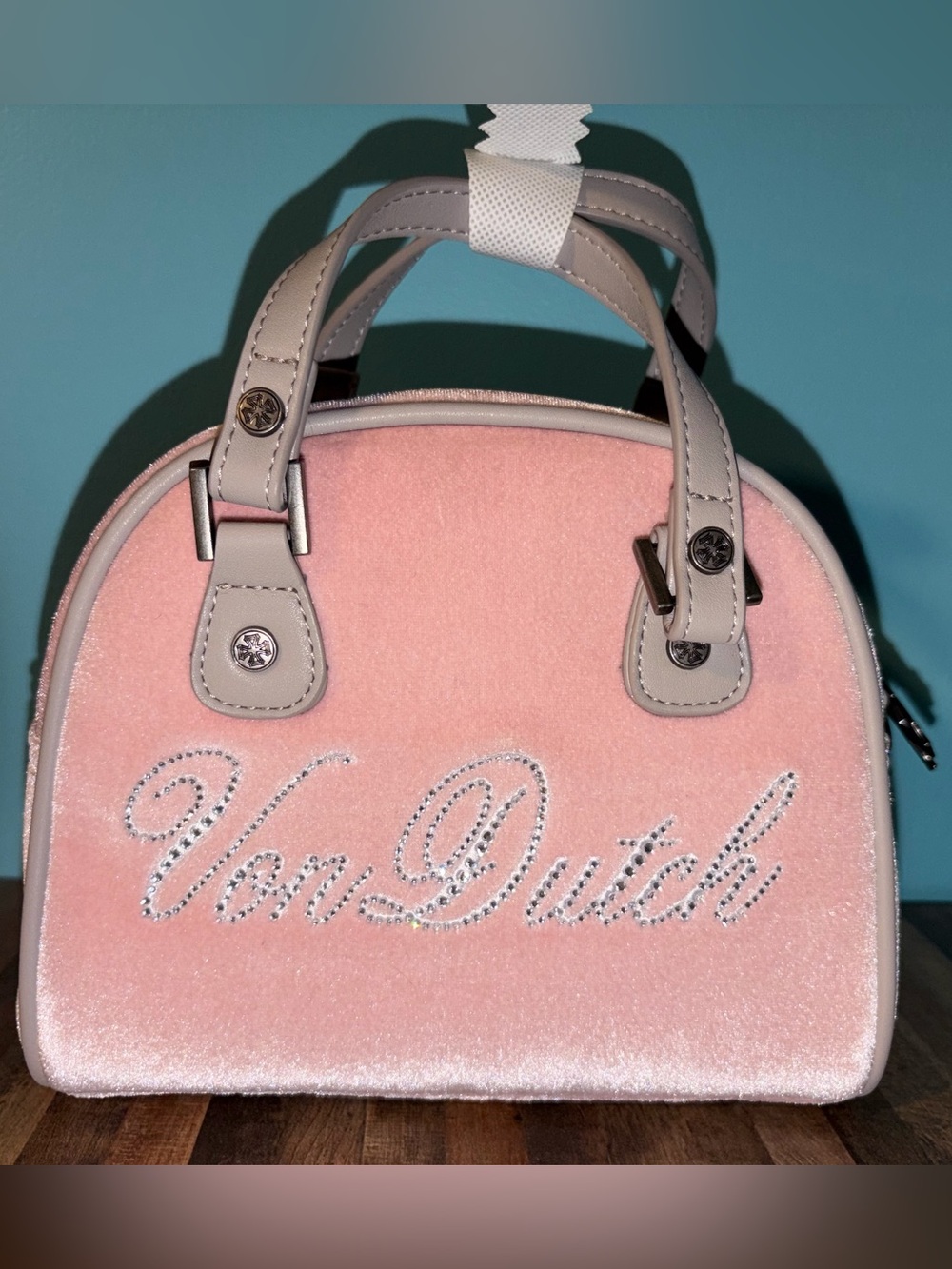 Von Dutch Pink Velvet Mini Bowler Bag with Rhineatone Logo and Gray Accents.NWOT